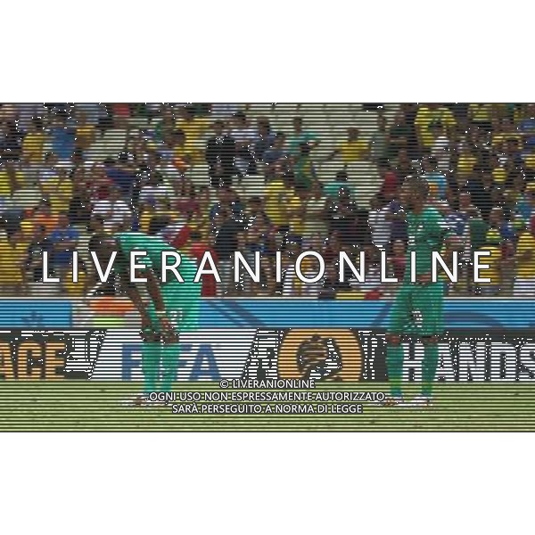 (140624) -- FORTALEZA, June 24, 2014 () -- Cote d\'Ivoire\'s Geoffroy Serey Die (R) and Giovanni Sio react after a Group C match between Greece and Cote d\'Ivoire of 2014 FIFA World Cup at the Estadio Castelao Stadium in Fortaleza, Brazil, June 24, 2014. Greece won 2-1 over Cote d\'Ivoire on Tuesday. (/Cao Can)(xzj) AG ALDO LIVERANI SAS ONLY ITALY