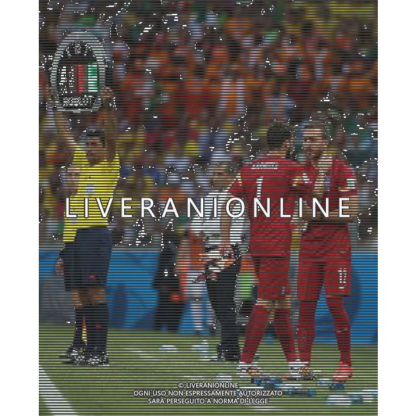 (140624) -- FORTALEZA, June 24, 2014 () -- Greece\'s goalkeeper Orestis Karnezi (2nd R) is replaced by his teammate Panaglotis Glykos (1st R) during a Group C match between Greece and Cote d\'Ivoire of 2014 FIFA World Cup at the Estadio Castelao Stadium in Fortaleza, Brazil, June 24, 2014. (/Cao Can)(xzj) AG ALDO LIVERANI SAS ONLY ITALY