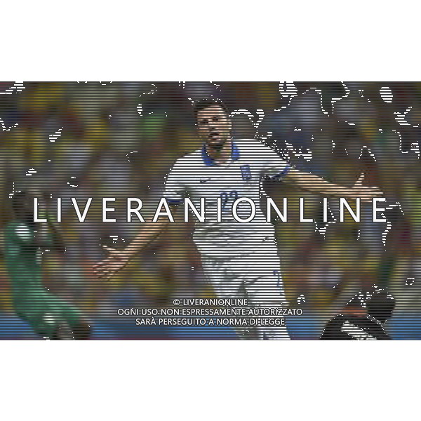 (140624) -- FORTALEZA, June 24, 2014 () -- Greece\'s Andreas Samaris celebrates for a goal during a Group C match between Greece and Cote d\'Ivoire of 2014 FIFA World Cup at the Estadio Castelao Stadium in Fortaleza, Brazil, June 24, 2014. (/Yang Lei)(xzj) AG ALDO LIVERANI SAS ONLY ITALY