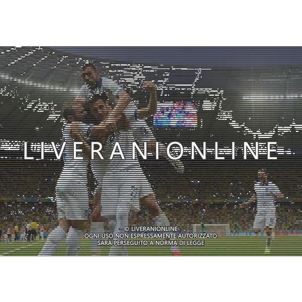 (140624) -- FORTALEZA, June 24, 2014 () -- Greece\'s Andreas Samaris (C, front) celebrates for a goal with his teammates during a Group C match between Greece and Cote d\'Ivoire of 2014 FIFA World Cup at the Estadio Castelao Stadium in Fortaleza, Brazil, June 24, 2014. (/Yang Lei)(xzj) AG ALDO LIVERANI SAS ONLY ITALY