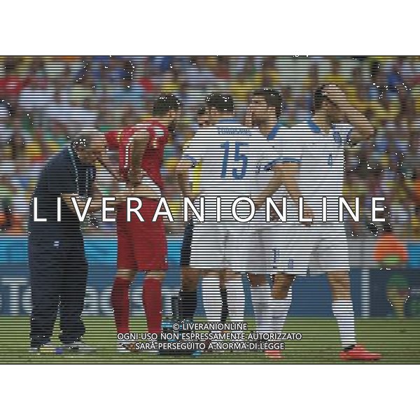 (140624) -- FORTALEZA, June 24, 2014 () -- Greece\'s goalkeeper Orestis Karnezis (2nd L) receives medical treatment during a Group C match between Greece and Cote d\'Ivoire of 2014 FIFA World Cup at the Estadio Castelao Stadium in Fortaleza, Brazil, June 24, 2014. (/Cao Can)(xzj) AG ALDO LIVERANI SAS ONLY ITALY