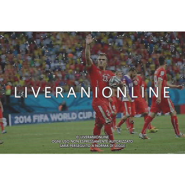 (140625) -- MANAUS, June 25, 2014 () -- Switzerland\'s Xherdan Shaqiri (front) greets the audience after a Group E match between Honduras and Switzerland of 2014 FIFA World Cup at the Arena Amazonia Stadium in Manaus, Brazil, on June 25, 2014. Switzerland won 3-0 over Honduras on Wednesday. (/Li Ming)(pcy) AG ALDO LIVERANI SAS ONLY ITALY