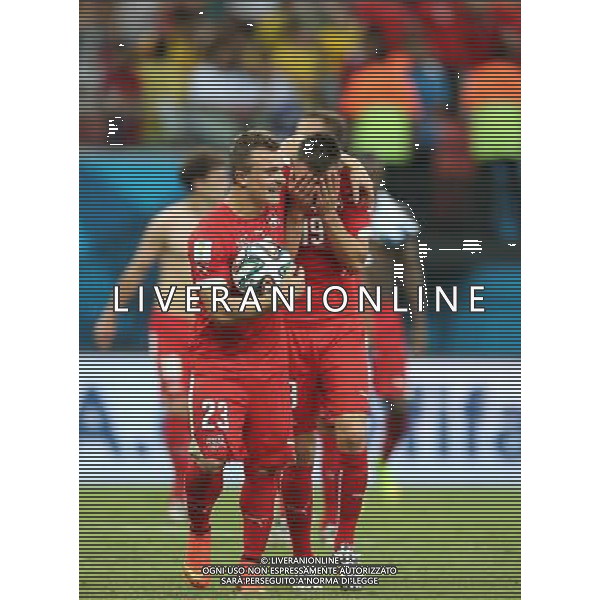 (140625) -- MANAUS, June 25, 2014 () -- Switzerland\'s Xherdan Shaqiri (L) celebrates the victory with Josip Drmic after a Group E match between Honduras and Switzerland of 2014 FIFA World Cup at the Arena Amazonia Stadium in Manaus, Brazil, on June 25, 2014. Switzerland won 3-0 over Honduras on Wednesday. (/Li Ming)(pcy) AG ALDO LIVERANI SAS ONLY ITALY
