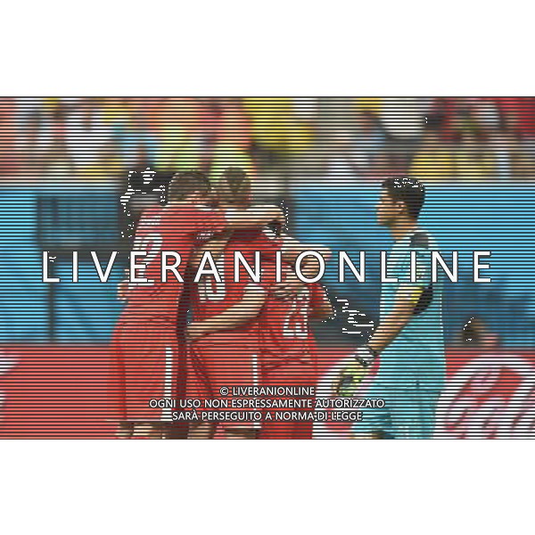 (140625) -- MANAUS, June 25, 2014 () -- Switzerland\'s Xherdan Shaqiri (2nd R) celebrates for his hat-trick with his teammates during a Group E match between Honduras and Switzerland of 2014 FIFA World Cup at the Arena Amazonia Stadium in Manaus, Brazil, on June 25, 2014.(/Liu Dawei)(pcy) AG ALDO LIVERANI SAS ONLY ITALY