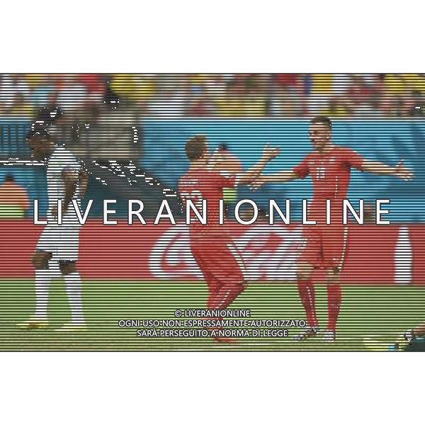 (140625) -- MANAUS, June 25, 2014 () -- Switzerland\'s Xherdan Shaqiri (C) celebrates for his hat-trick during a Group E match between Honduras and Switzerland of 2014 FIFA World Cup at the Arena Amazonia Stadium in Manaus, Brazil, on June 25, 2014.(/Liu Dawei)(pcy) AG ALDO LIVERANI SAS ONLY ITALY