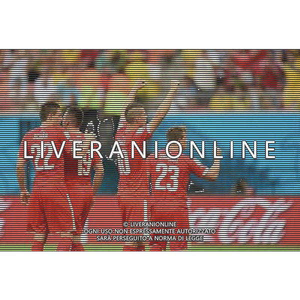 (140625) -- MANAUS, June 25, 2014 () -- Switzerland\'s Xherdan Shaqiri (1st R) celebrates for his hat-trick during a Group E match between Honduras and Switzerland of 2014 FIFA World Cup at the Arena Amazonia Stadium in Manaus, Brazil, on June 25, 2014.(/Liu Dawei)(pcy) AG ALDO LIVERANI SAS ONLY ITALY