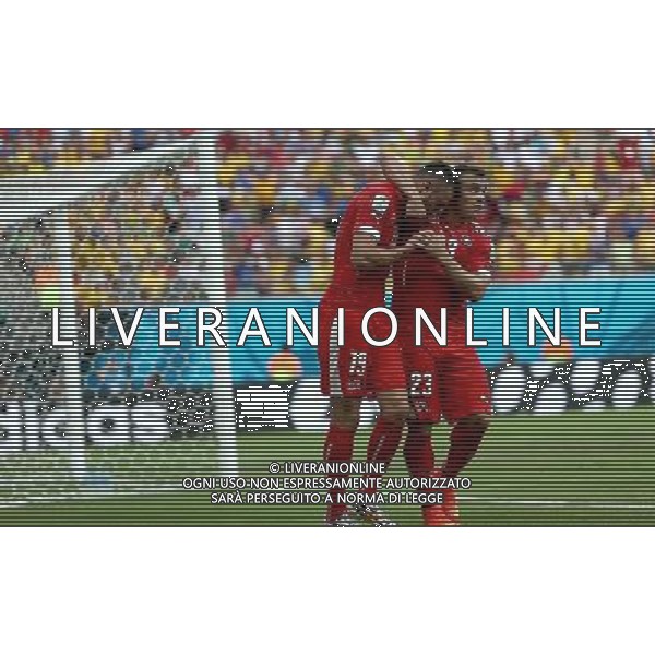 (140625) -- MANAUS, June 25, 2014 () -- Switzerland\'s Xherdan Shaqiri (R) celebrates for scoring his second goal during a Group E match between Honduras and Switzerland of 2014 FIFA World Cup at the Arena Amazonia Stadium in Manaus, Brazil, on June 25, 2014.(/Li Ming)(pcy) AG ALDO LIVERANI SAS ONLY ITALY