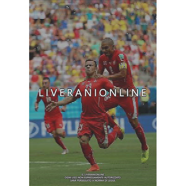 (140625) -- MANAUS, June 25, 2014 () -- Switzerland\'s Xherdan Shaqiri (L, front) celebrates for scoring a goal during a Group E match between Honduras and Switzerland of 2014 FIFA World Cup at the Arena Amazonia Stadium in Manaus, Brazil, on June 25, 2014.(/Li Ming)(pcy) AG ALDO LIVERANI SAS ONLY ITALY