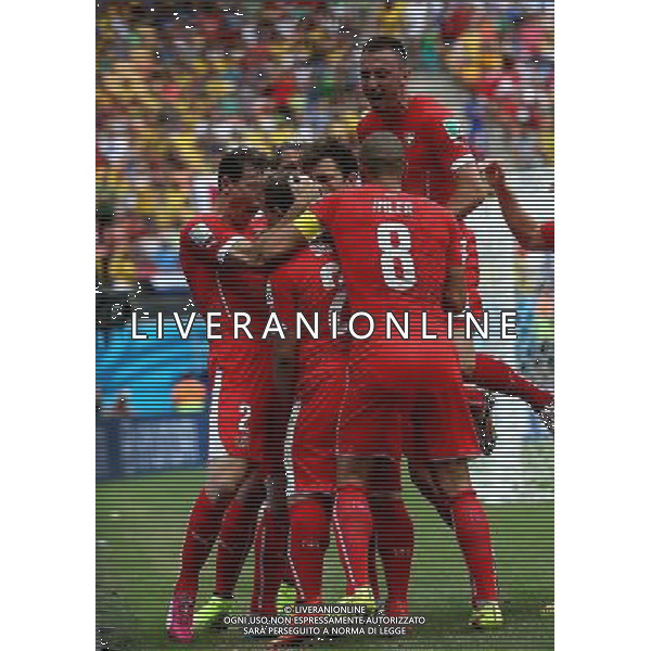(140625) -- MANAUS, June 25, 2014 () -- Switzerland\'s players celebrate for Xherdan Shaqiri\'s goal during a Group E match between Honduras and Switzerland of 2014 FIFA World Cup at the Arena Amazonia Stadium in Manaus, Brazil, on June 25, 2014.(/Li Ming)(pcy) AG ALDO LIVERANI SAS ONLY ITALY
