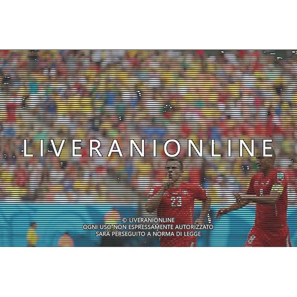(140625) -- MANAUS, June 25, 2014 () -- Switzerland\'s Xherdan Shaqiri (L) celebrates for scoring a goal during a Group E match between Honduras and Switzerland of 2014 FIFA World Cup at the Arena Amazonia Stadium in Manaus, Brazil, on June 25, 2014.(/Li Ming)(pcy) AG ALDO LIVERANI SAS ONLY ITALY