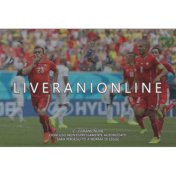 (140625) -- MANAUS, June 25, 2014 () -- Switzerland\'s Xherdan Shaqiri (L, front) celebrates for scoring a goal during a Group E match between Honduras and Switzerland of 2014 FIFA World Cup at the Arena Amazonia Stadium in Manaus, Brazil, on June 25, 2014.(/Li Ming)(pcy) AG ALDO LIVERANI SAS ONLY ITALY