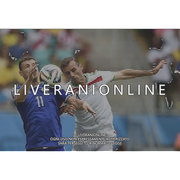 (140625) -- SALVADOR, June 25, 2014 () -- Bosnia And Herzegovina\'s Edin Dzeko vies with Iran\'s Jalal Hosseini during a Group F match between Bosnia And Herzegovina and Iran of 2014 FIFA World Cup at the Arena Fonte Nova Stadium in Salvador, Brazil, June 24, 2014. (/Yang Lei) AG ALDO LIVERANI SAS ONLY ITALY