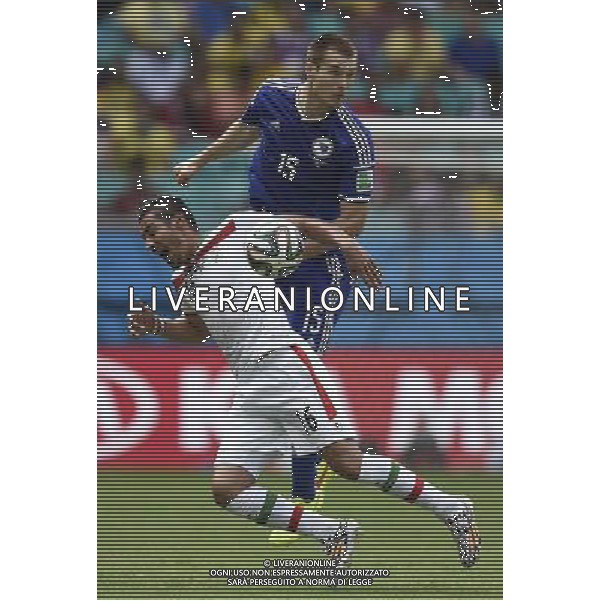 (140625) -- SALVADOR, June 25, 2014 () -- Iran\'s Reza Ghoochannejad (L) vies with Bosnia And Herzegovina\'s Toni Sunjic during a Group F match between Bosnia And Herzegovina and Iran of 2014 FIFA World Cup at the Arena Fonte Nova Stadium in Salvador, Brazil, June 24, 2014. (/Yang Lei) AG ALDO LIVERANI SAS ONLY ITALY