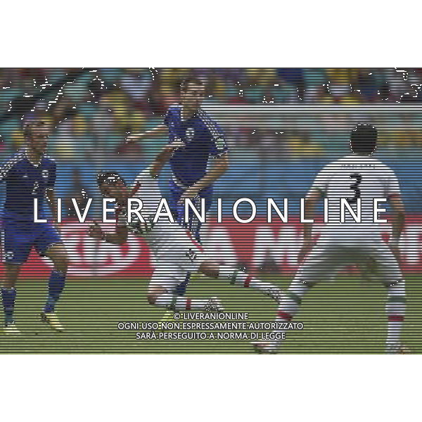 (140625) -- SALVADOR, June 25, 2014 () -- Iran\'s Reza Ghoochannejad (2nd L) vies with Bosnia And Herzegovina\'s Toni Sunjic (2nd R) during a Group F match between Bosnia And Herzegovina and Iran of 2014 FIFA World Cup at the Arena Fonte Nova Stadium in Salvador, Brazil, June 24, 2014. (/Yang Lei) AG ALDO LIVERANI SAS ONLY ITALY