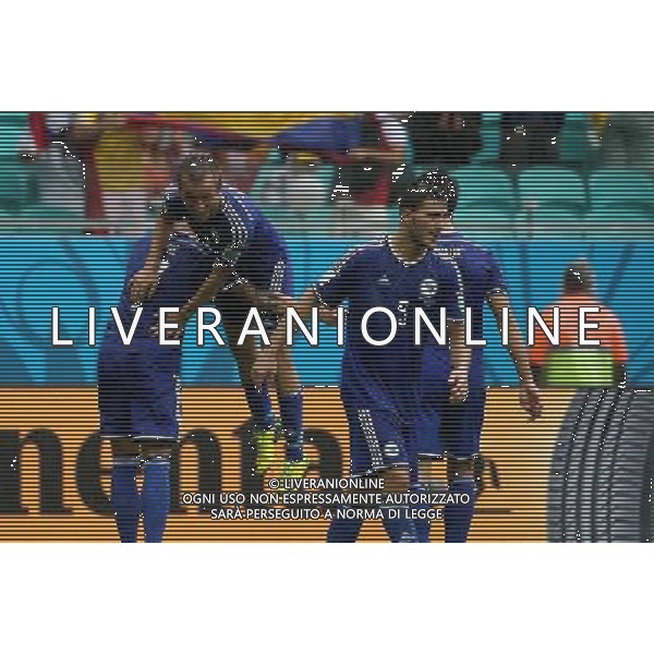 (140625) -- SALVADOR, June 25, 2014 () -- Bosnia And Herzegovina\'s Avdija Vrsaljevic (2nd L) celebrates the goal during a Group F match between Bosnia And Herzegovina and Iran of 2014 FIFA World Cup at the Arena Fonte Nova Stadium in Salvador, Brazil, June 24, 2014. (/Cao Can) AG ALDO LIVERANI SAS ONLY ITALY