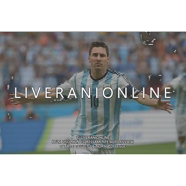(140625) -- PORTO ALEGRE, June 25, 2014 () -- Argentina\'s Lionel Messi celebrates for scoring a goal during a Group F match between Nigeria and Argentina of 2014 FIFA World Cup at the Estadio Beira-Rio Stadium in Porto Alegre, Brazil, on June 25, 2014.(/Li Ga)(pcy) AG ALDO LIVERANI SAS ONLY ITALY