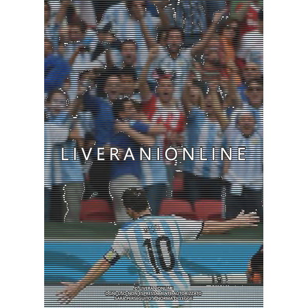 (140625) -- PORTO ALEGRE, June 25, 2014 () -- Argentina\'s Lionel Messi celebrates for scoring his second goal during a Group F match between Nigeria and Argentina of 2014 FIFA World Cup at the Estadio Beira-Rio Stadium in Porto Alegre, Brazil, on June 25, 2014.(/Li Ga)(pcy) AG ALDO LIVERANI SAS ONLY ITALY