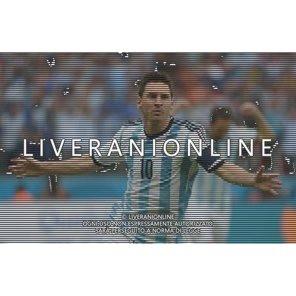 (140625) -- PORTO ALEGRE, June 25, 2014 () -- Argentina\'s Lionel Messi celebrates for scoring his second goal during a Group F match between Nigeria and Argentina of 2014 FIFA World Cup at the Estadio Beira-Rio Stadium in Porto Alegre, Brazil, on June 25, 2014.(/Li Ga)(pcy) AG ALDO LIVERANI SAS ONLY ITALY