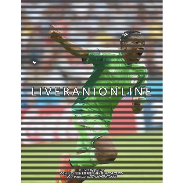 (140625) -- PORTO ALEGRE, June 25, 2014 () -- Nigeria\'s Ahmed Musa celebrates for scoring his second goal during a Group F match between Nigeria and Argentina of 2014 FIFA World Cup at the Estadio Beira-Rio Stadium in Porto Alegre, Brazil, on June 25, 2014.(/Li Ga)(pcy) AG ALDO LIVERANI SAS ONLY ITALY