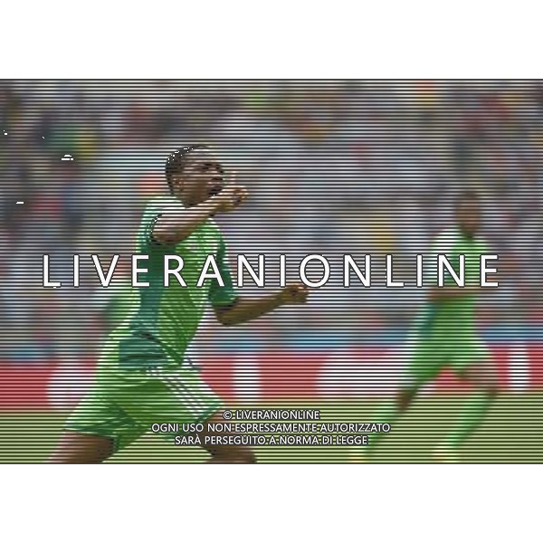 (140625) -- PORTO ALEGRE, June 25, 2014 () -- Nigeria\'s Ahmed Musa celebrates for scoring his second goal during a Group F match between Nigeria and Argentina of 2014 FIFA World Cup at the Estadio Beira-Rio Stadium in Porto Alegre, Brazil, on June 25, 2014.(/Li Ga)(pcy) AG ALDO LIVERANI SAS ONLY ITALY
