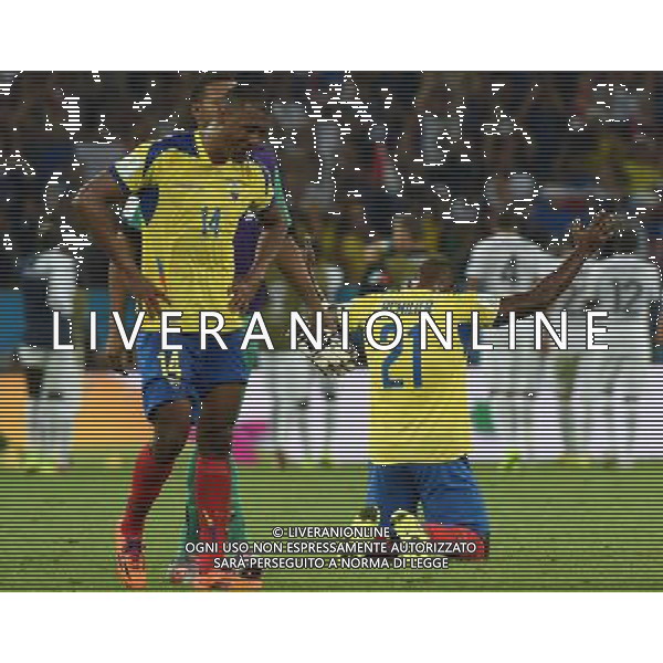 (140625) -- RIO DE JANEIRO, June 25, 2014 () -- Ecuador\'s Gabriel Achilier (R) reacts after a Group E match between Ecuador and France of 2014 FIFA World Cup at the Estadio do Maracana Stadium in Rio de Janeiro, Brazil, June 25, 2014. The match ended in a 0-0 draw. (/Wang Yuguo) AG ALDO LIVERANI SAS ONLY ITALY