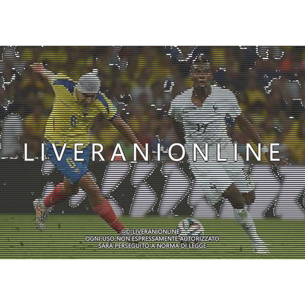 (140625) -- RIO DE JANEIRO, June 25, 2014 () -- Ecuador\'s Cristian Noboa vies with France\'s Paul Pogba during a Group E match between Ecuador and France of 2014 FIFA World Cup at the Estadio do Maracana Stadium in Rio de Janeiro, Brazil, June 25, 2014. (/Wang Yuguo) AG ALDO LIVERANI SAS ONLY ITALY