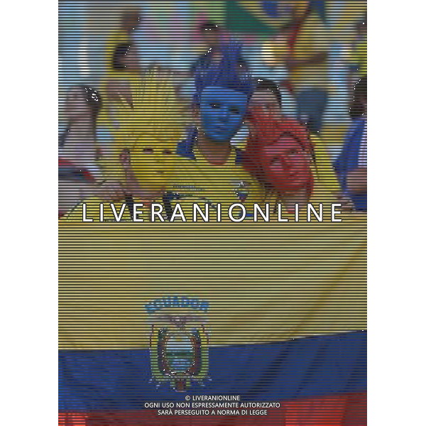 (140625) -- RIO DE JANEIRO, June 25, 2014 () -- Ecuador\'s fans pose before a Group E match between Ecuador and France of 2014 FIFA World Cup at the Estadio do Maracana Stadium in Rio de Janeiro, Brazil, June 25, 2014. (/Wang Yuguo) AG ALDO LIVERANI SAS ONLY ITALY