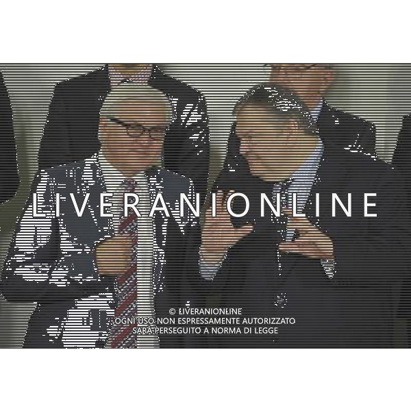 (140625) -- BRUSSELS, June 25, 2014 () -- Greece\'s Foreign Minister Evangelos Venizelos (R) talks with German Foreign Minister Frank-Walter Steinmeier during the family photo session of NATO Foreign Ministers Meetings at its headquarters in Brussels, capital of Brussels, June 25, 2014. (/Ye Pingfan) ©PHOTOSHOT/Agenzia Aldo Liverani sas - ITALY ONLY - EDITORIAL USE ONLY - Riunione dei Ministri degli esteri della NATO presso la sede di Bruxelles, Belgio 25 giugno 2014
