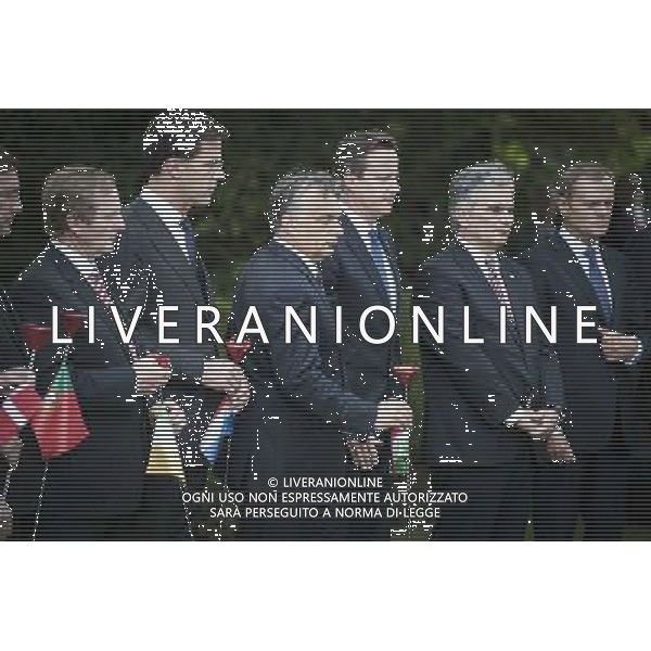 (L-R) Irish Prime Minister Enda Kenny, Dutch Prime Minister Mark Rutte, Hungarian Prime minister Viktor Orban , British Prime Minister David Cameron , Austrian Chancellor Werner Faymann and Polish Prime Minister Donald Tusk attends a ceremony marking the centenary of the outbreak of World War I, in Ypres, Belgium on 26.06.2014 During the war, hundreds of thousands of soldiers and civilians from all over the world lost their lives around the Belgian town of Ypres. To mark the occasion, the European Union donated a symbolic bench with bronzed copper plates reading the word \'Peace\' in the EU\'s 24 official languages. by Wiktor Dabkowski ©PHOTOHOT/Agenzia Aldo Liverani sas - ITALY ONLY - EDITORIAL USE ONLY