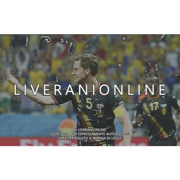 (140626) -- SAO PAULO, June 26, 2014 () -- Belgium\'s Jan Vertonghen (front) celebrates his goal during a Group H match between Korea Republic and Belgium of 2014 FIFA World Cup at the Arena de Sao Paulo Stadium in Sao Paulo, Brazil, on June 26, 2014. Belgium won 1-0 over Korea Republic on Thursday. Belgium and Algeria enter Round of 16 from Group H. (/Chen Jianli)(pcy) ©PHOTOHOT/Agenzia Aldo Liverani sas - ITALY ONLY - EDITORIAL USE ONLY