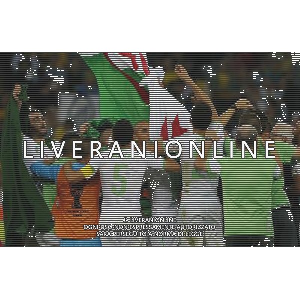 (140626) -- CURITIBA, June 26, 2014 () -- Algeria\'s players celebrate after a Group H match between Algeria and Russia of 2014 FIFA World Cup at the Arena da Baixada Stadium in Curitiba, Brazil, June 26, 2014. Algeria enters Round of 16 after the Thursday match which ended in a 1-1 draw.(/Zhou Lei) ©PHOTOHOT/Agenzia Aldo Liverani sas - ITALY ONLY - EDITORIAL USE ONLY
