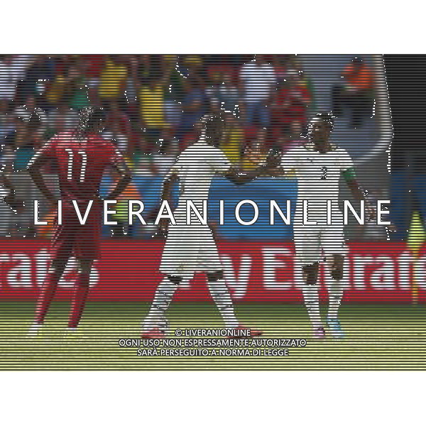 (140626) -- BRASILIA, June 26, 2014 () -- Ghana\'s Asamoah Gyan (R) celebrates the goal during a Group G match between Portugal and Ghana of 2014 FIFA World Cup at the Estadio Nacional Stadium in Brasilia, Brazil, June 26, 2014. (/Liu Bin) ©PHOTOHOT/Agenzia Aldo Liverani sas - ITALY ONLY - EDITORIAL USE ONLY