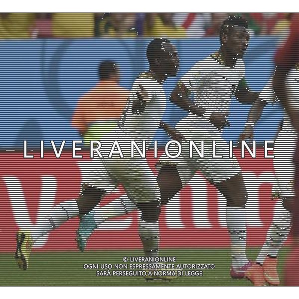 (140626) -- BRASILIA, June 26, 2014 () -- Ghana\'s Asamoah Gyan (R) celebrates with teammates after scoring a goal during a Group G match between Portugal and Ghana of 2014 FIFA World Cup at the Estadio Nacional Stadium in Brasilia, Brazil, June 26, 2014. (/Qi Heng)(xzj) ©PHOTOHOT/Agenzia Aldo Liverani sas - ITALY ONLY - EDITORIAL USE ONLY