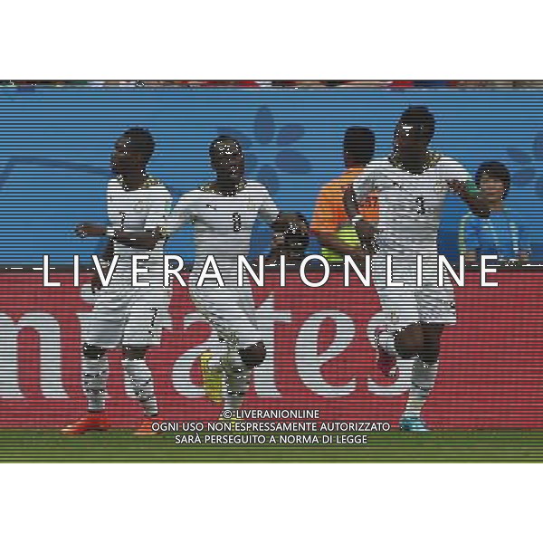 (140626) -- BRASILIA, June 26, 2014 () -- Ghana\'s Asamoah Gyan (R) celebrates the goal during a Group G match between Portugal and Ghana of 2014 FIFA World Cup at the Estadio Nacional Stadium in Brasilia, Brazil, June 26, 2014. (/Liu Bin) ©PHOTOHOT/Agenzia Aldo Liverani sas - ITALY ONLY - EDITORIAL USE ONLY