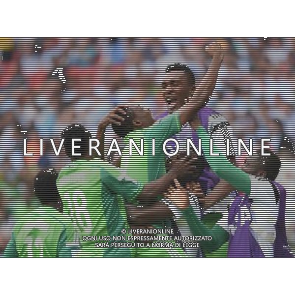 (140625) -- PORTO ALEGRE, June 25, 2014 () -- Nigeria\'s Ahmed Musa (C) celebrates with his teammates for scoring his second goal during a Group F match between Nigeria and Argentina of 2014 FIFA World Cup at the Estadio Beira-Rio Stadium in Porto Alegre, Brazil, on June 25, 2014.(/Li Ga)(pcy) ©PHOTOSHOT/Agenzia Aldo Liverani sas - ITALY ONLY - EDITORIAL USE ONLY