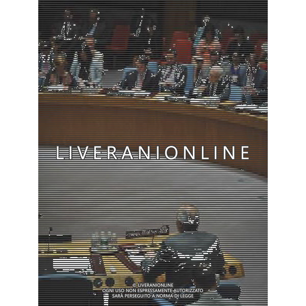 (140626) -- NEW YORK, June 26, 2014 (Xinhua) -- Syria\'s permanent representative to the United Nations Bashar al-Ja\'afari (bottom) speaks at a Security Council meeting on Syria at the UN headquarters in New York, on June 26, 2014. The UN humanitarian chief said Thursday that the number of people in need of humanitarian assistance in Syria has risen to 10.8 million, calling for an increase in cross-line and cross-border deliveries to meet growing needs on the ground. (Xinhua/Niu Xiaolei) ©PHOTOSHOT/Agenzia Aldo Liverani sas - ITALY ONLY - EDITORIAL USE ONLY - Riunione del Consiglio di Sicurezza sulla Siria presso la sede dell\'ONU a New York, il 26 giugno 2014.