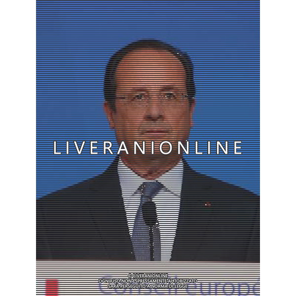 (140627) -- BRUSSELS, June 27, 2014 () -- French President Francois Hollande holds a press conference after a European Union (EU) summit meeting in Brussels, Belgium, on June 27, 2014. The EU leaders announced in a statement Friday they aim to build a new energy and climate strategy for the next five years after a summit meeting in Brussels. (/Gong Bing) ©PHOTOSHOT/Agenzia Aldo Liverani sas - ITALY ONLY - EDITORIAL USE ONLY