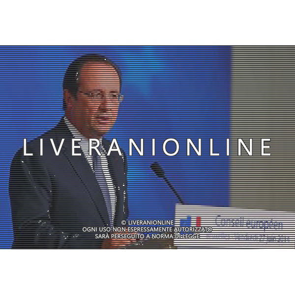 (140627) -- BRUSSELS, June 27, 2014 () -- French President Francois Hollande holds a press conference after a European Union (EU) summit meeting in Brussels, Belgium, on June 27, 2014. The EU leaders announced in a statement Friday they aim to build a new energy and climate strategy for the next five years after a summit meeting in Brussels. (/Gong Bing) ©PHOTOSHOT/Agenzia Aldo Liverani sas - ITALY ONLY - EDITORIAL USE ONLY