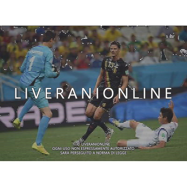 (140626) -- SAO PAULO, June 26, 2014 () -- Belgium\'s Daniel Van Buyten (C) reacts as goalkeeper Thibaut Courtois (L) grabs the ball during a Group H match between Korea Republic and Belgium of 2014 FIFA World Cup at the Arena de Sao Paulo Stadium in Sao Paulo, Brazil, on June 26, 2014. Belgium won 1-0 over Korea Republic on Thursday. Belgium and Algeria enter Round of 16 from Group H. (/Li Ga)(pcy) ©PHOTOSHOT/Agenzia Aldo Liverani sas - ITALY ONLY - EDITORIAL USE ONLY - Corea del Sud Vs Belgio Coppa del Mondo 2014 partita del Gruppo H FIFA World Cup 2014 allo Stadio Arena di Sao Paulo, in Brasile, il 26 giugno 2014