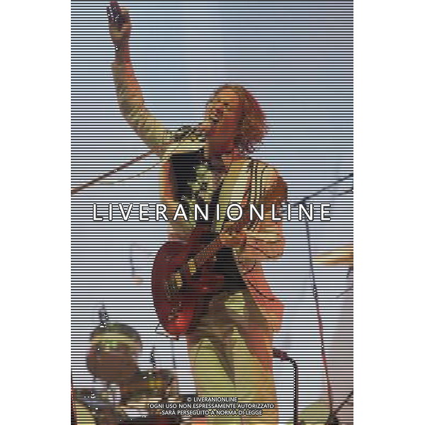 Canadian band Arcade Fire performing at Glastonbury Festival 2014, Worthy Farm, Pilton, Somerset, UK on Friday 27th June 2014. The Pyramid and Other Stages were closed and power shut whilst a lightning storm struck the festival. AG ALDO LIVERANI SAS ONLY ITALY