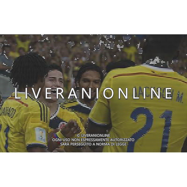 (140628) -- RIO DE JANEIRO, June 28, 2014 () -- Colombia\'s James Rodriguez (2nd L) celebrates a goal with teammates during a Round of 16 match between Colombia and Uruguay of 2014 FIFA World Cup at the Estadio do Maracana Stadium in Rio de Janeiro, Brazil, on June 28, 2014. Colombia won 2-0 over Uruguay and qualified for Quarter-finals on Saturday.(/Wang Lili)(pcy) ©PHOTOSHOT/Agenzia Aldo Liverani sas - ITALY ONLY - EDITORIAL USE ONLY - Uruguay vs Colombia Coppa del Mondo FIFA 2014 Estadio do Stadio Maracana\' di Rio de Janeiro, in Brasile, il 28 giugno 2014. La Colombia ha vinto per 2-0 contro l\'Uruguay e si qualifica per Quarti di finale