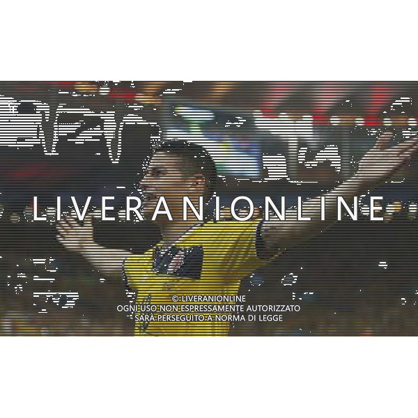 (140628) -- RIO DE JANEIRO, June 28, 2014 () -- Colombia\'s James Rodriguez celebrates his first goal during a Round of 16 match between Colombia and Uruguay of 2014 FIFA World Cup at the Estadio do Maracana Stadium in Rio de Janeiro, Brazil, on June 28, 2014. Colombia won 2-0 over Uruguay and qualified for Quarter-finals on Saturday.(/Wang Lili)(pcy) ©PHOTOSHOT/Agenzia Aldo Liverani sas - ITALY ONLY - EDITORIAL USE ONLY - Uruguay vs Colombia Coppa del Mondo FIFA 2014 Estadio do Stadio Maracana\' di Rio de Janeiro, in Brasile, il 28 giugno 2014. La Colombia ha vinto per 2-0 contro l\'Uruguay e si qualifica per Quarti di finale