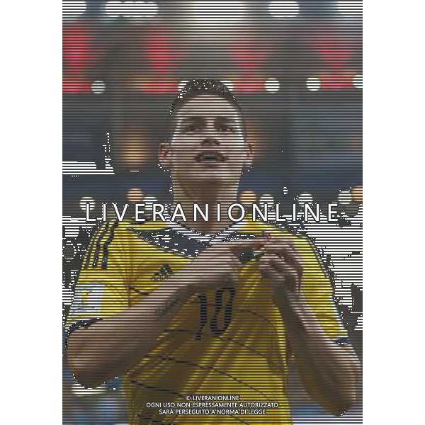 (140628) -- RIO DE JANEIRO, June 28, 2014 () -- Colombia\'s James Rodriguez celebrates a goal during a Round of 16 match between Colombia and Uruguay of 2014 FIFA World Cup at the Estadio do Maracana Stadium in Rio de Janeiro, Brazil, on June 28, 2014.(/Wang Lili)(pcy) ©PHOTOSHOT/Agenzia Aldo Liverani sas - ITALY ONLY - EDITORIAL USE ONLY - Uruguay vs Colombia Coppa del Mondo FIFA 2014 Estadio do Stadio Maracana\' di Rio de Janeiro, in Brasile, il 28 giugno 2014. La Colombia ha vinto per 2-0 contro l\'Uruguay e si qualifica per Quarti di finale