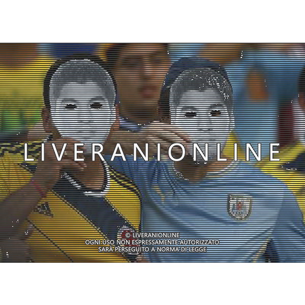 (140628) -- RIO DE JANEIRO, June 28, 2014 () -- Supporters of Uruguay and Colombia pose with photos of Uruguay\'s Luis Suarez before a Round of 16 match between Colombia and Uruguay of 2014 FIFA World Cup at the Estadio do Maracana Stadium in Rio de Janeiro, Brazil, on June 28, 2014.(/Wang Lili)(pcy) ©PHOTOSHOT/Agenzia Aldo Liverani sas - ITALY ONLY - EDITORIAL USE ONLY - Uruguay vs Colombia Coppa del Mondo FIFA 2014 Estadio do Stadio Maracana\' di Rio de Janeiro, in Brasile, il 28 giugno 2014. La Colombia ha vinto per 2-0 contro l\'Uruguay e si qualifica per Quarti di finale