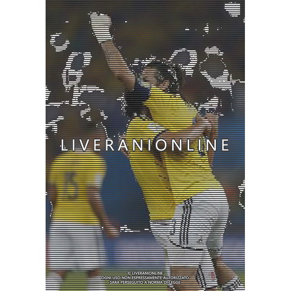 (140628) -- RIO DE JANEIRO, June 28, 2014 () -- Colombia\'s Mario Yepes (R) celebrates the victory after a Round of 16 match between Colombia and Uruguay of 2014 FIFA World Cup at the Estadio do Maracana Stadium in Rio de Janeiro, Brazil, on June 28, 2014. Colombia won 2-0 over Uruguay and qualified for Quarter-finals on Saturday.(/Wang Lili)(pcy) AG ALDO LIVERANI SAS ONLY ITALY