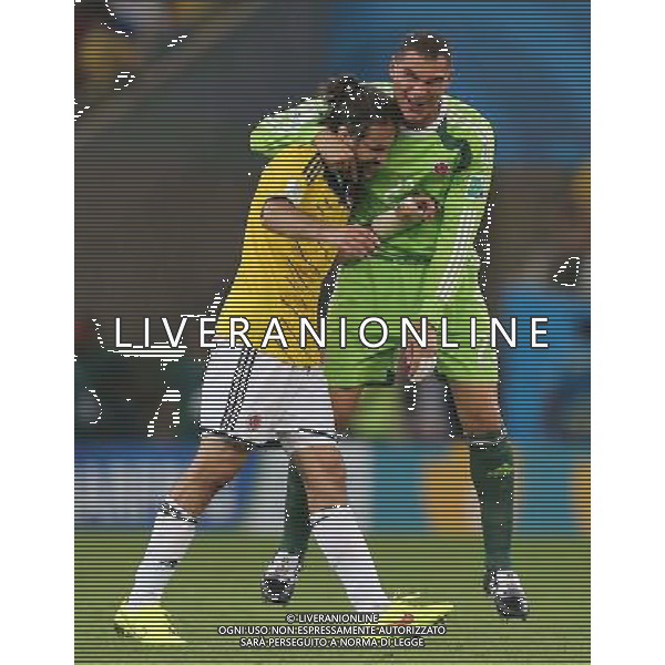 (140628) -- RIO DE JANEIRO, June 28, 2014 () -- Colombia\'s goalkeeper Faryd Mondragon (R) and Mario Yepes celebrate the victory after a Round of 16 match between Colombia and Uruguay of 2014 FIFA World Cup at the Estadio do Maracana Stadium in Rio de Janeiro, Brazil, on June 28, 2014. Colombia won 2-0 over Uruguay on Saturday. (/Xu Zijian)(rh) AG ALDO LIVERANI SAS ONLY ITALY