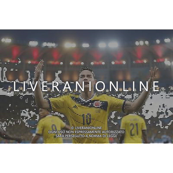 (140628) -- RIO DE JANEIRO, June 28, 2014 () -- Colombia\'s James Rodriguez celebrates a goal during a Round of 16 match between Colombia and Uruguay of 2014 FIFA World Cup at the Estadio do Maracana Stadium in Rio de Janeiro, Brazil, on June 28, 2014.(/Wang Lili)(pcy) AG ALDO LIVERANI SAS ONLY ITALY
