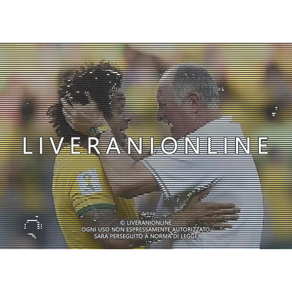 (140628) -- BELO HORIZONTE, June 28, 2014 () -- Brazil\'s coach Luiz Felipe Scolari (R) celebrates the victory with David Luiz after a Round of 16 match between Brazil and Chile of 2014 FIFA World Cup at the Estadio Mineirao Stadium in Belo Horizonte, Brazil, on June 28, 2014. Brazil won 4-3 (3-2 in penalties) over Chile and qualified for Quarter-finals on Saturday. (/Qi Heng)(pcy) AG ALDO LIVERANI SAS ONLY ITALY