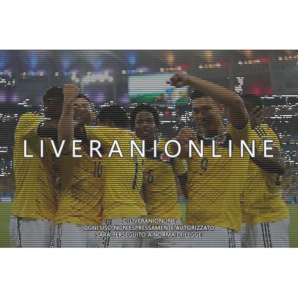 (140628) -- RIO DE JANEIRO, June 28, 2014 () -- Colombia\'s James Rodriguez (2nd L) celebrates the goal during a Round of 16 match between Colombia and Uruguay of 2014 FIFA World Cup at the Estadio do Maracana Stadium in Rio de Janeiro, Brazil, on June 28, 2014.(/Xu Zijian)(rh) AG ALDO LIVERANI SAS ONLY ITALY