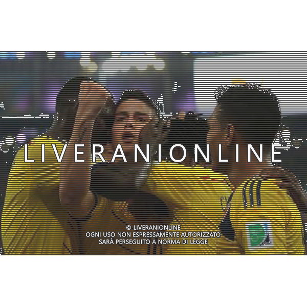 (140628) -- RIO DE JANEIRO, June 28, 2014 () -- Colombia\'s James Rodriguez (2nd L) celebrates the goal during a Round of 16 match between Colombia and Uruguay of 2014 FIFA World Cup at the Estadio do Maracana Stadium in Rio de Janeiro, Brazil, on June 28, 2014.(/Xu Zijian)(rh) AG ALDO LIVERANI SAS ONLY ITALY